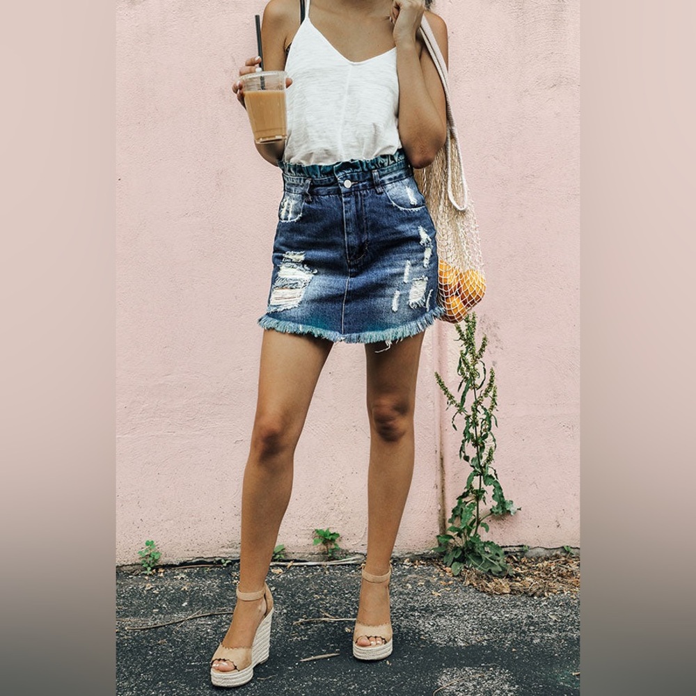 Hayden LA Paperbag Waist Distressed Denim Mini Skirt Size L Boho Festival - Picture 4 of 13